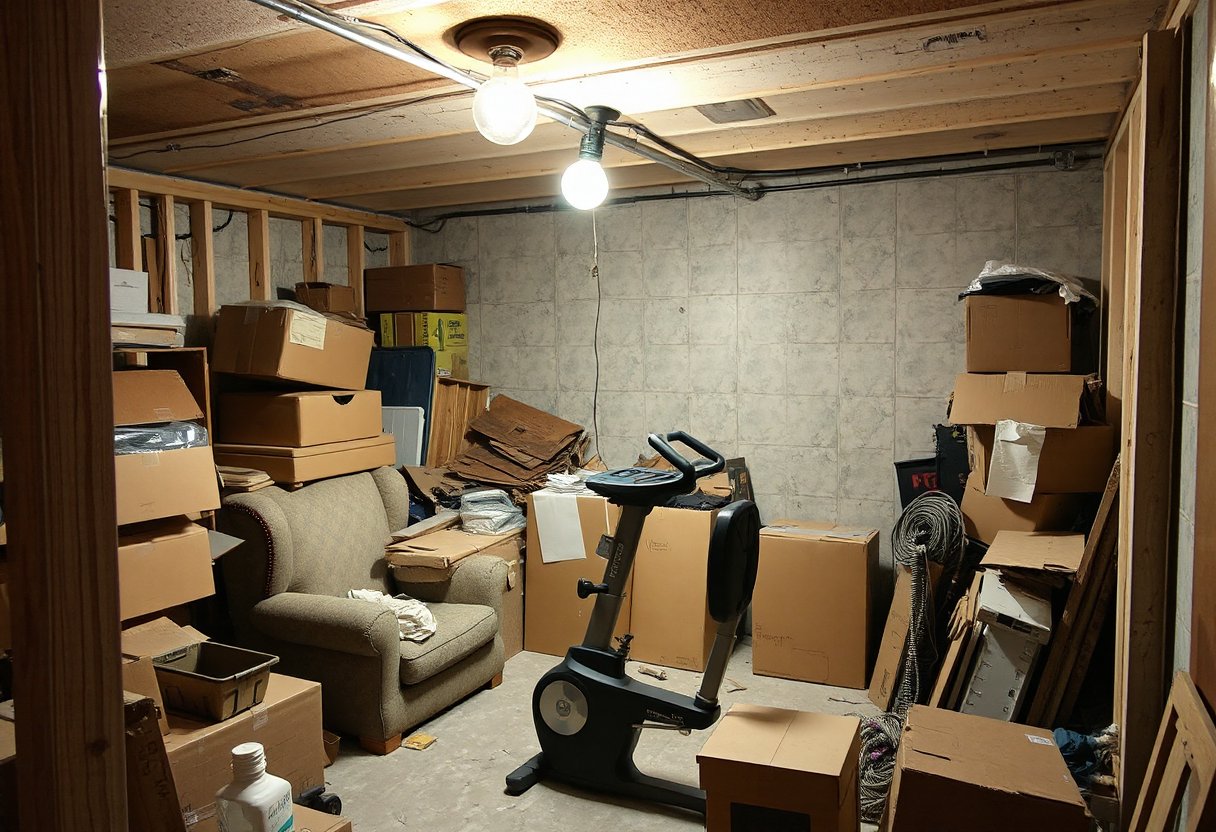 Basement corner full of old furniture before cleanout