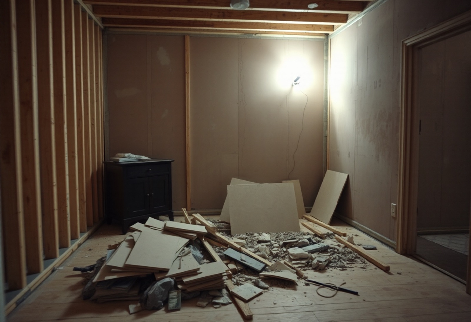 Room mid renovation with a pile of drywall and debris on the floor