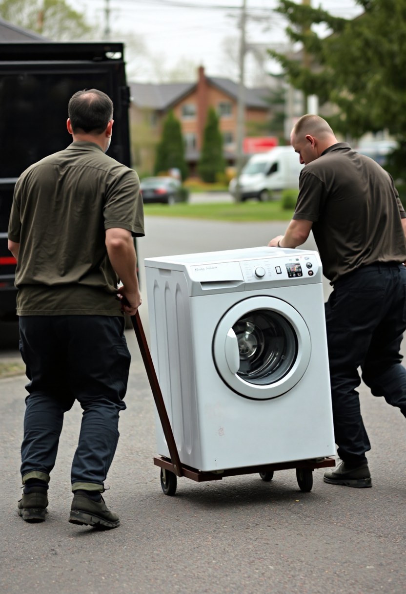 Two of us wheeling an old washer down the driveway to the trailer