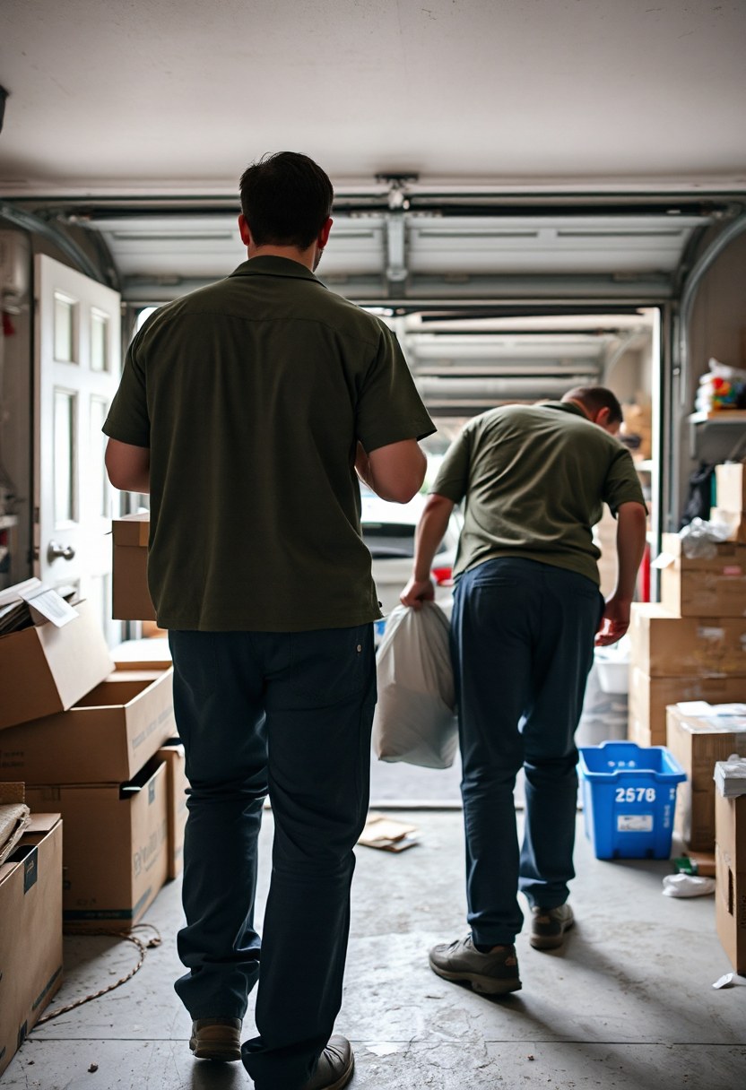 Two of us carrying boxes and bags out of a garage during a cleanout