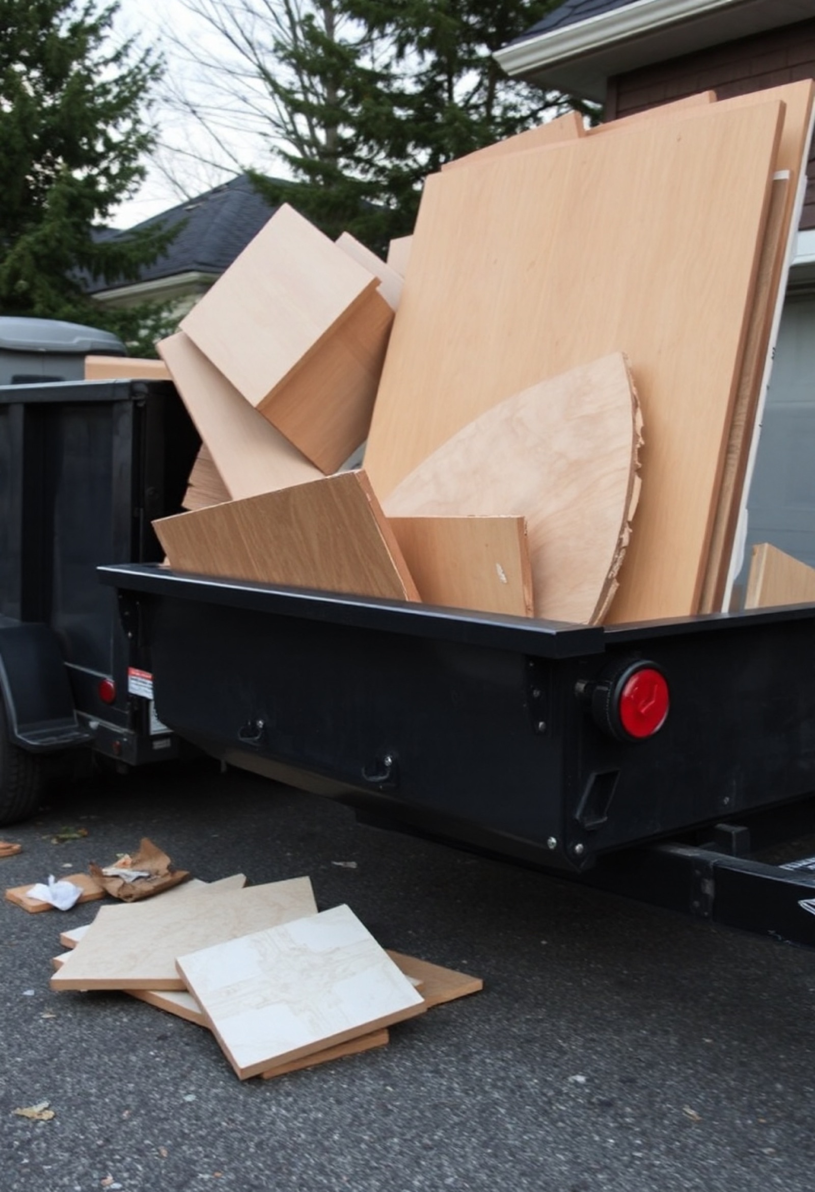 Renovation debris piled beside a trailer